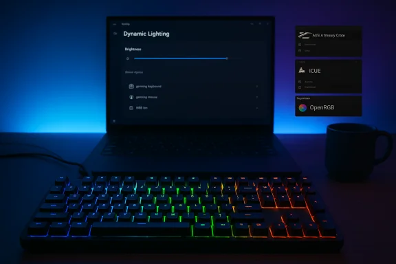 RGB-lit keyboard sits before a laptop displaying Dynamic Lighting settings. RGB-lit keyboard sits before a laptop displaying Dynamic Lighting settings.