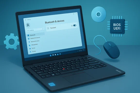 Blue-toned laptop displays Bluetooth settings, with a BIOS/UEFI chip and a wireless mouse nearby. Blue-toned laptop displays Bluetooth settings, with a BIOS/UEFI chip and a wireless mouse nearby.