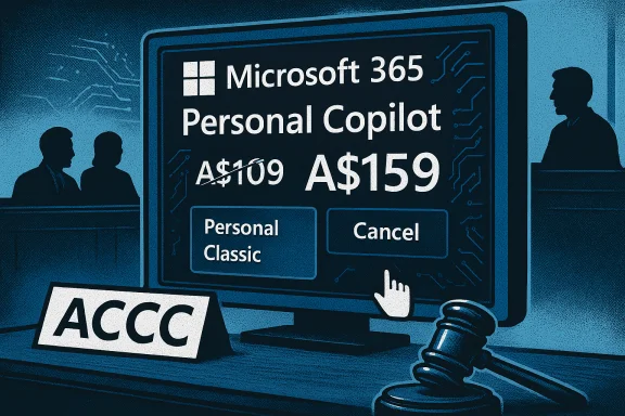 ACCC reviews Microsoft 365 Personal Copilot pricing (A$159) in a courtroom setting.