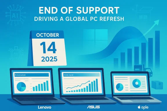 End of support drives a global PC refresh with Lenovo, ASUS and Apple. End of support drives a global PC refresh with Lenovo, ASUS and Apple.