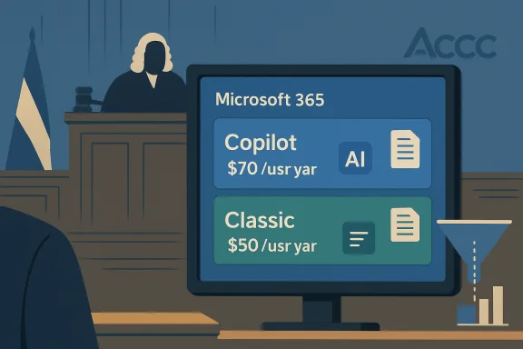Courtroom scene with a monitor displaying Microsoft 365 Copilot pricing: Copilot $70/yr, Classic $50/yr.