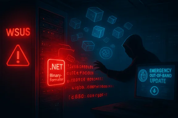 A hooded hacker in a server room manipulates glowing .NET Binary-Formatter code amid red WSUS warnings. A hooded hacker in a server room manipulates glowing .NET Binary-Formatter code amid red WSUS warnings.