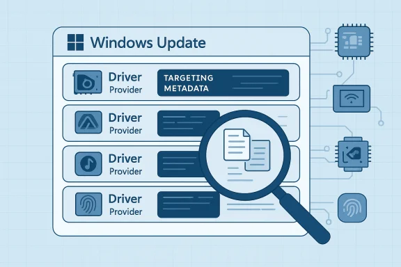 Windows Update interface showing driver providers, with a magnifying glass focusing on metadata. Windows Update interface showing driver providers, with a magnifying glass focusing on metadata.