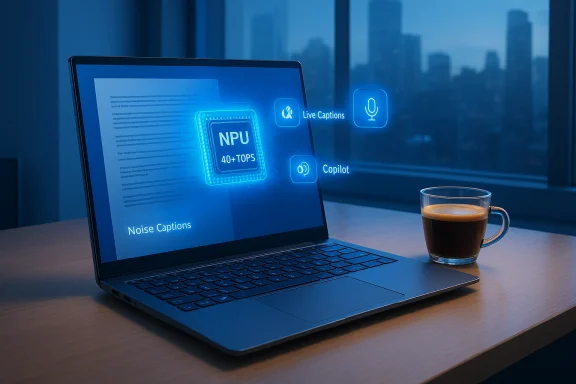 Holographic AI UI on a laptop shows NPU 40+ TOPS with live captions and Copilot beside a coffee. Holographic AI UI on a laptop shows NPU 40+ TOPS with live captions and Copilot beside a coffee.