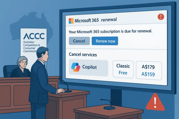 Courtroom scene with a speaker at a podium, an ACCC banner, and a large Microsoft 365 renewal alert on screen.