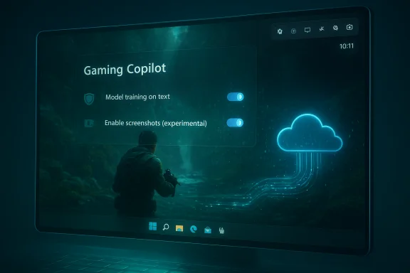 A curved monitor displays Gaming Copilot settings with toggles and a neon cloud graphic.