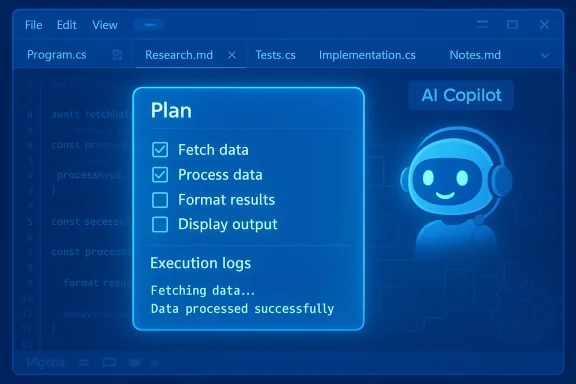 Blue neon UI with a Plan dialog for AI Copilot, showing fetch/process data and logs. Blue neon UI with a Plan dialog for AI Copilot, showing fetch/process data and logs.