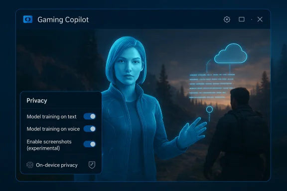 Blue holographic AI assistant guides privacy settings within the Gaming Copilot UI over a forest backdrop. Blue holographic AI assistant guides privacy settings within the Gaming Copilot UI over a forest backdrop.
