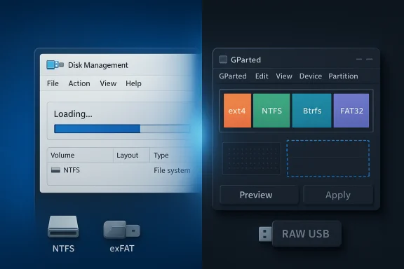 Split view of Disk Management and GParted showing NTFS and exFAT drives with multiple partitions. Split view of Disk Management and GParted showing NTFS and exFAT drives with multiple partitions.