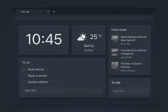 Dark dashboard UI with a large clock, weather, to-do list, and a feed reader. Dark dashboard UI with a large clock, weather, to-do list, and a feed reader.