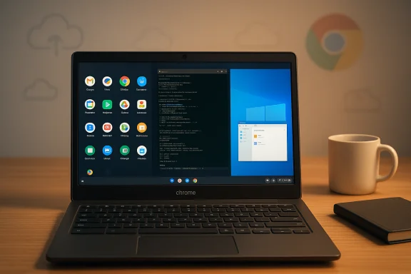 A Chromebook on a wooden desk, displaying apps, with a mug and notebook nearby. A Chromebook on a wooden desk, displaying apps, with a mug and notebook nearby.