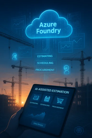 AI-assisted estimation with Azure Foundry cloud powering construction-site planning at sunset. AI-assisted estimation with Azure Foundry cloud powering construction-site planning at sunset.