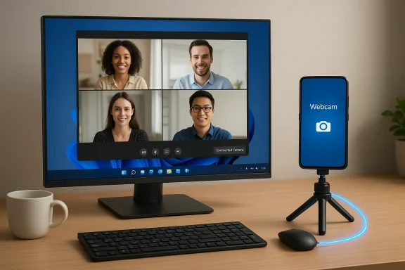 Four-person video conference on a computer monitor with a smartphone webcam setup on the desk. Four-person video conference on a computer monitor with a smartphone webcam setup on the desk.
