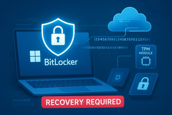 Laptop shows BitLocker security with a shield icon and a “Recovery Required” alert. Laptop shows BitLocker security with a shield icon and a “Recovery Required” alert.