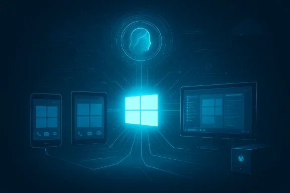 Blue neon Windows ecosystem connects phones, tablet, PC and Xbox-style device. Blue neon Windows ecosystem connects phones, tablet, PC and Xbox-style device.