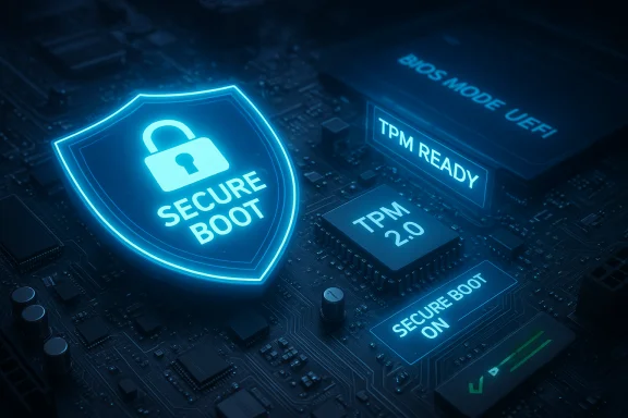 A neon blue shield with a lock and Secure Boot label sits on a motherboard with TPM 2.0 and TPM READY indicators. A neon blue shield with a lock and Secure Boot label sits on a motherboard with TPM 2.0 and TPM READY indicators.