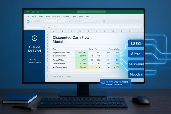 A monitor displays a Discounted Cash Flow model in Excel with finance apps on the side. A monitor displays a Discounted Cash Flow model in Excel with finance apps on the side.