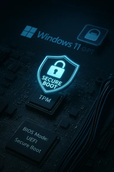 Glowing Secure Boot shield over a TPM chip on a Windows 11 GPT motherboard. Glowing Secure Boot shield over a TPM chip on a Windows 11 GPT motherboard.