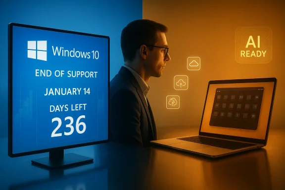 A business professional sits between a Windows 10 end-of-support display and an AI-ready laptop.