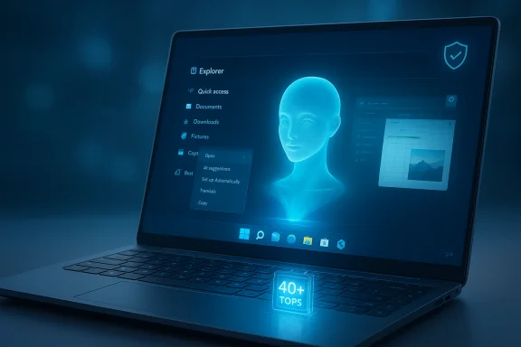 Futuristic laptop displaying a blue holographic head with a 40+ TOPS badge. Futuristic laptop displaying a blue holographic head with a 40+ TOPS badge.