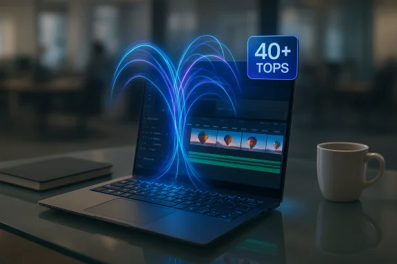 A laptop on a glass desk emits blue energy arcs with a 40+ TOPS badge. A laptop on a glass desk emits blue energy arcs with a 40+ TOPS badge.