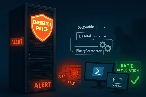 Dim data center with an Emergency Patch shield, alert banners, and a remediation flowchart. Dim data center with an Emergency Patch shield, alert banners, and a remediation flowchart.