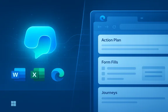 Blue digital workspace with Word, Excel, Edge icons and a glowing chat bubble on a dashboard.