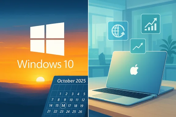 Split-screen: Windows 10 sunset on the left and a MacBook setup on the right.