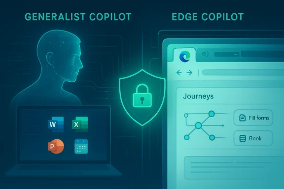 Generalist Copilot on the left and Edge Copilot on the right, protected by a security shield. Generalist Copilot on the left and Edge Copilot on the right, protected by a security shield.