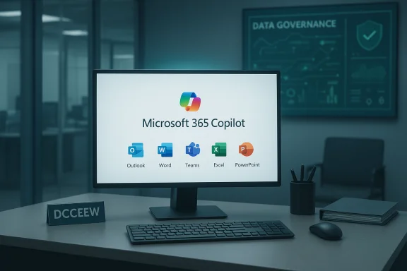 Office desk with a monitor showing Microsoft 365 Copilot and app icons. Office desk with a monitor showing Microsoft 365 Copilot and app icons.