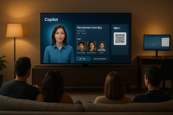People sit on a couch watching a large TV displaying a Copilot interface with cast and a QR sign-in. People sit on a couch watching a large TV displaying a Copilot interface with cast and a QR sign-in.
