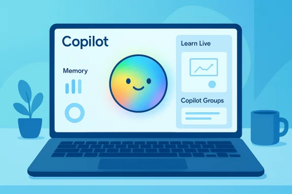 Laptop screen shows Copilot UI with rainbow smiley, memory meter, and Learn Live panel.