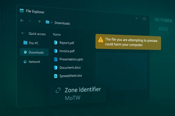 Windows File Explorer shows Downloads with a yellow security warning overlay. Windows File Explorer shows Downloads with a yellow security warning overlay.