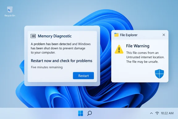Windows-like desktop with Memory Diagnostic and File Warning pop-ups over a blue abstract wallpaper.