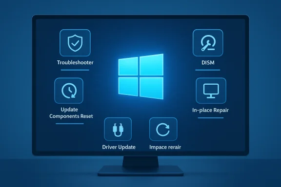 Windows repair dashboard with Troubleshooter, DISM, In-place Repair, and updates. Windows repair dashboard with Troubleshooter, DISM, In-place Repair, and updates.