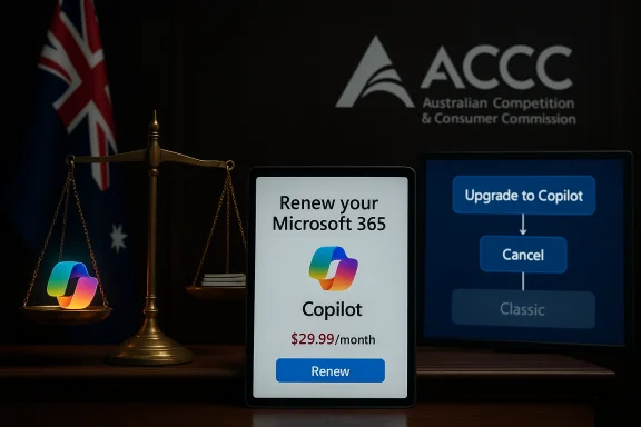 Tablet displays Microsoft 365 Copilot renewal; another screen shows upgrade; brass balance scale behind. Tablet displays Microsoft 365 Copilot renewal; another screen shows upgrade; brass balance scale behind.