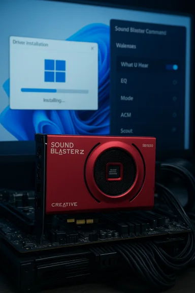 Red Creative Sound BlasterZ audio card installed in a PC, with a Windows driver installer on screen. Red Creative Sound BlasterZ audio card installed in a PC, with a Windows driver installer on screen.
