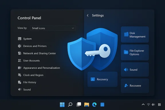 Split-screen UI: Control Panel on the left and Settings on the right with a blue shield and key. Split-screen UI: Control Panel on the left and Settings on the right with a blue shield and key.