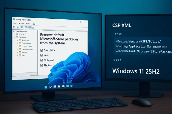 Windows 11 dual-monitor setup with Group Policy Editor on the left and CSP XML on the right. Windows 11 dual-monitor setup with Group Policy Editor on the left and CSP XML on the right.