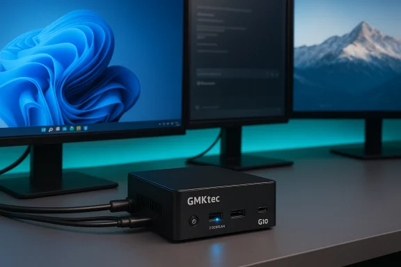 GMKtec G10 mini PC on a desk with dual monitors and blue ambient lighting. GMKtec G10 mini PC on a desk with dual monitors and blue ambient lighting.