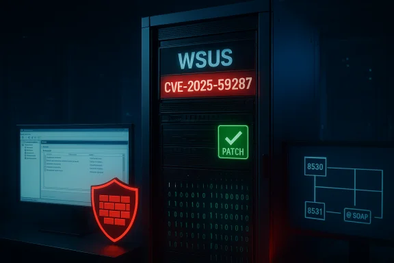 A dark data center server labeled WSUS shows CVE-2025-59287 with a green PATCH sign. A dark data center server labeled WSUS shows CVE-2025-59287 with a green PATCH sign.