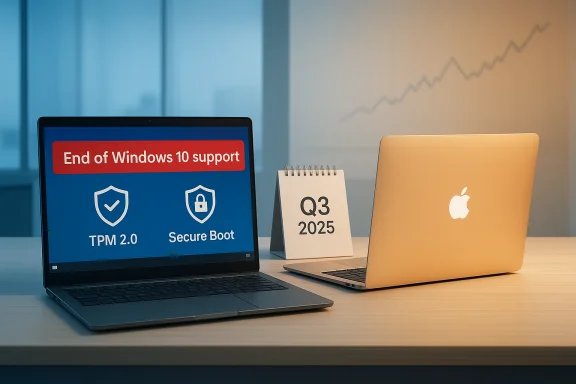 Laptops on a desk note Windows 10 end of support, with a Q3 2025 calendar nearby. Laptops on a desk note Windows 10 end of support, with a Q3 2025 calendar nearby.