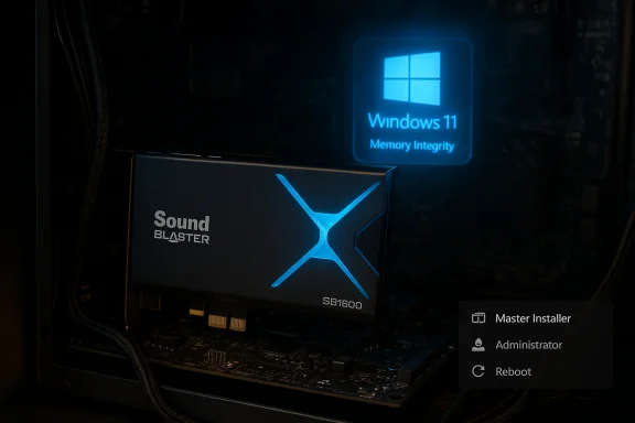 Inside a PC, a glowing Sound Blaster SB1600 PCIe card with a Windows 11 Memory Integrity badge. Inside a PC, a glowing Sound Blaster SB1600 PCIe card with a Windows 11 Memory Integrity badge.