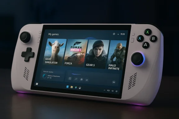 A white handheld gaming console on a desk displays its game library: Goat Simulator, Forza, Gear 5, and Halo Infinite. A white handheld gaming console on a desk displays its game library: Goat Simulator, Forza, Gear 5, and Halo Infinite.