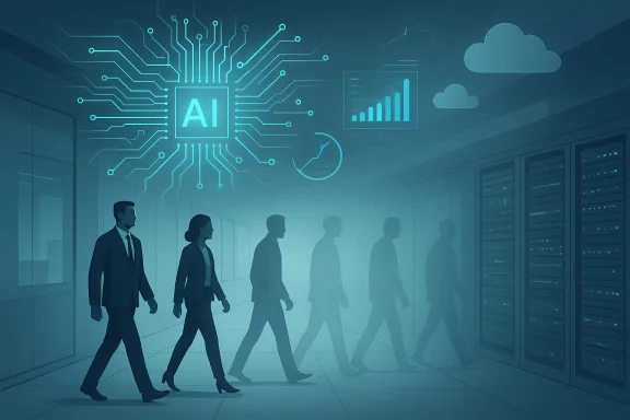 Professionals walk through a data center beneath AI circuitry and analytics visuals. Professionals walk through a data center beneath AI circuitry and analytics visuals.