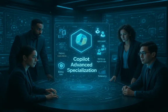 A team of professionals analyzes a holographic display titled 'Copilot Advanced Specialization'. A team of professionals analyzes a holographic display titled 'Copilot Advanced Specialization'.