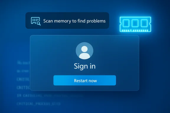 Blue system prompt for sign-in with a Restart now button and a memory-scan hint with neon RAM icon.