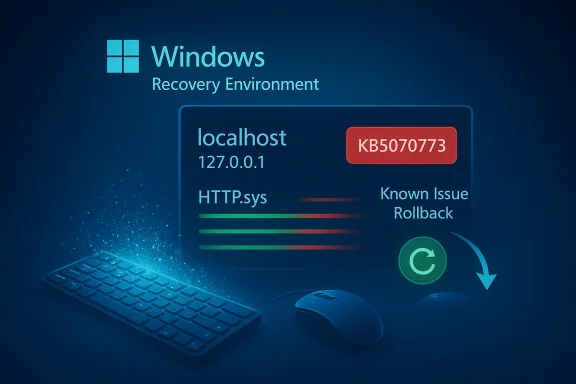 Windows Recovery Environment UI displaying localhost, HTTP.sys status, and Known Issue Rollback. Windows Recovery Environment UI displaying localhost, HTTP.sys status, and Known Issue Rollback.