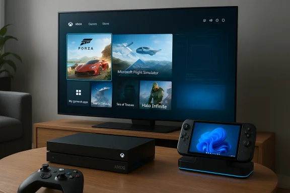 Modern gaming setup with Xbox Series X, a large TV displaying the Xbox interface, and a docked handheld console. Modern gaming setup with Xbox Series X, a large TV displaying the Xbox interface, and a docked handheld console.