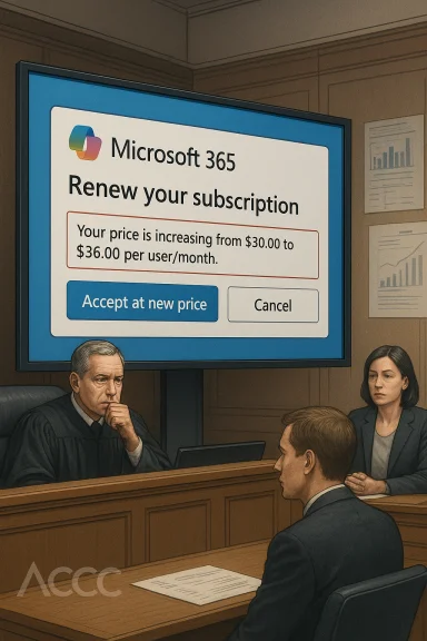 A courtroom scene with a large screen announcing a Microsoft 365 subscription price increase.